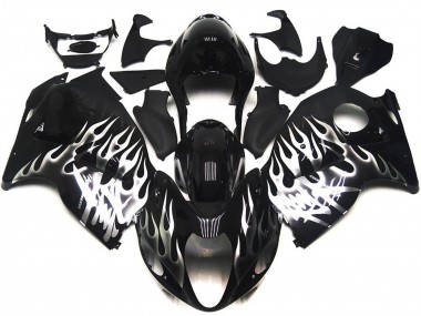 1997-2007 Gloss Black with Silver Flames Suzuki GSXR 1300 Motorcycle Fairings